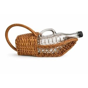 Vintage Handwoven Wicker Wine Bottle Holder Farmhouse W/ Glass Bottle c.1966